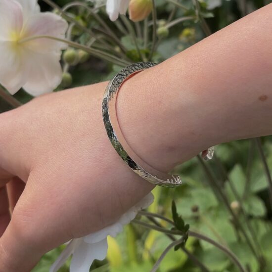 Newlyn 4 Highly Polished Solid Sterling Silver Heavy Torque Cuff Bangle with a hammered texture London Hallmarked