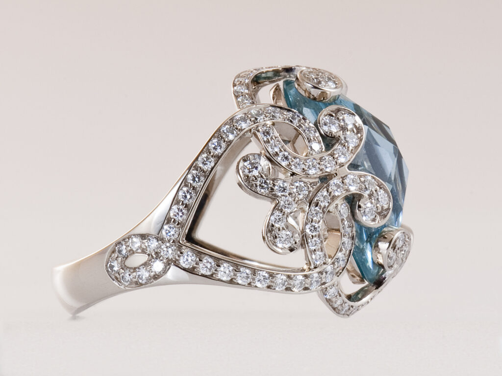bespoke cocktail aquamarine diamond ring, best jewellers in the uk - kerensa jewellery